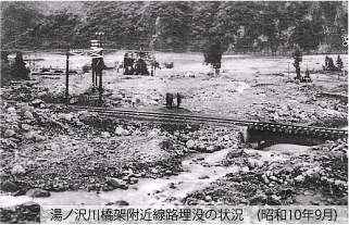 湯ノ沢川橋架附近線路埋没の状況 (昭和10年9月)